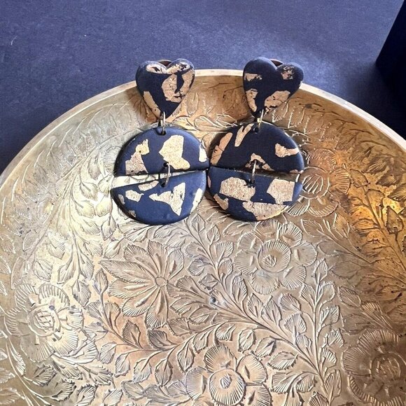 Black And Gold Polymer Clay‎ Dangle Earrings Fashion Costume Statement Jewelry - Picture 1 of 9